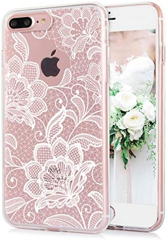 iPhone 8 Plus Case iPhone 7 Plus Case, Floral White Lace Paisley Flowers Pattern, Clear IMD Hybrid Hard TPU Back Cover Shockproof Protective Phone Cases for Women Girls-[5.5"]