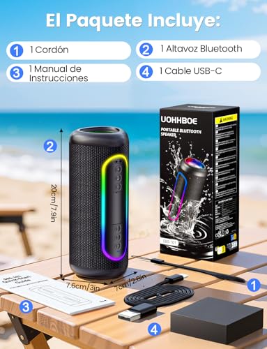 UOHHBOE Altavoz Bluetooth Portátil 30W, Sonido 360° con Graves Potentes, Bluetooth 5.4, 30H Batería, IPX5 Impermeable, Luces RGB, TWS Estéreo, USB-C, AUX, USB y TF, para Fiesta y Playa