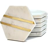 Perilla Home Handcrafted Marble Coasters Set of 6 – Hexagon 2 Gold Line Coasters for Kitchen, Wine Glasses, Mugs & Beer – Absorbent, Durable, and Stylish Drink Coaster Plates (White)