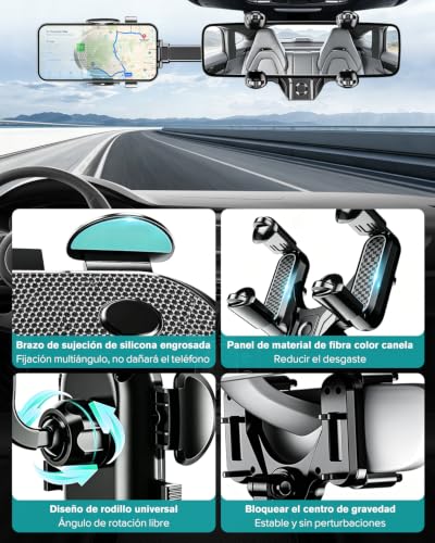 LONGLIV Soporte Celular Auto, Soporte de Teléfono Giratorio y Retráctil de 360°, Multipropó Sito, se Puede Utilizar en los Espejos Retrovisores del Coche, Compatible con iPhone, Xiaomi, Redmi, Huawei