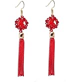 Chinese Fu Red Tassel Dangle Earring for Womens Ladies Love Lucky Pretty Dangling Drop Earrings Crystal Charms Sterling Silver Post Hypoallergenic Fish Hook Dainty New Year Festival Jewelry