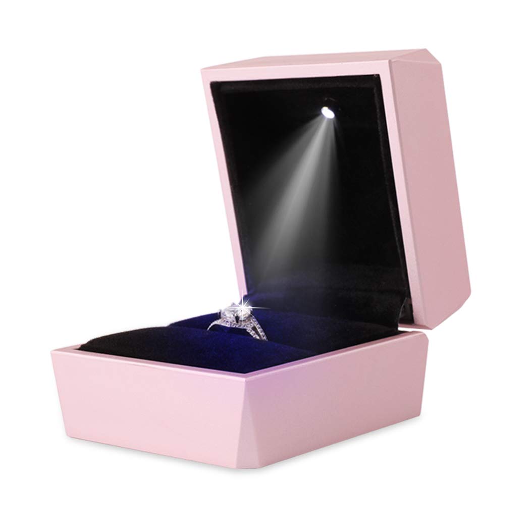 iSuperb Ring Box Proposal Engagement Square Ring Boxes with LED Light Case Jewelry Gift Box for Proposal Wedding Valentine's Day Anniversary Christmas (Pink)