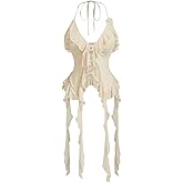 GORGLITTER Women's Y2k Halter Tops Sexy Ruffle Tie Front Backless Asymmetrical Jellyfish Crop Rave Top Going Out Outfits