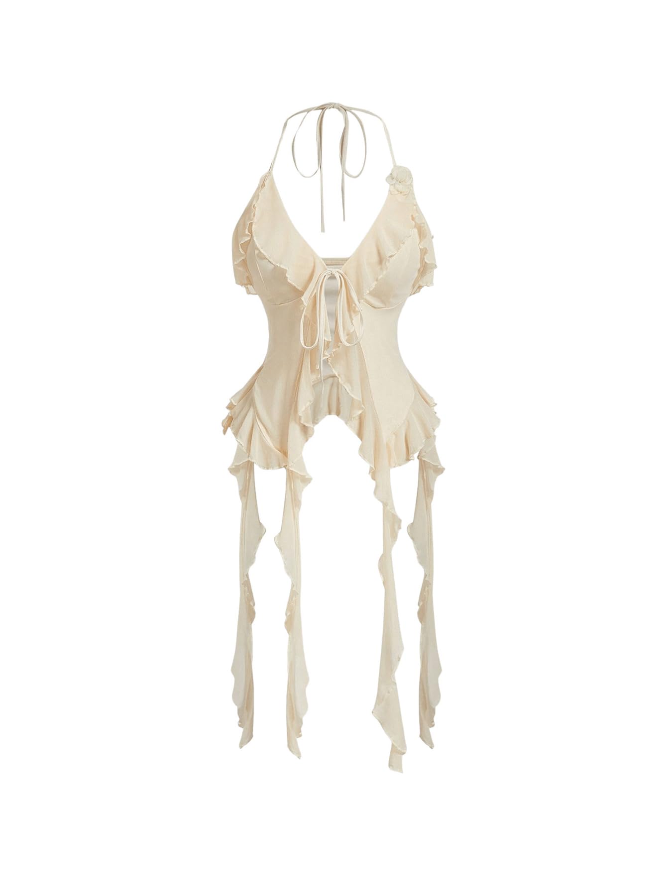 Photo 1 of MakeMeChic Women's Floral Halter Top Tie Front Y2K Backless Ruffle Trim Fringe Camisole Apricot X-Small