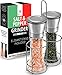 Salt & Pepper Grinder Set – 2 Tall 6 Oz Glass - 180 ml Spice and Sea Salt Shakers With BONUS Stand - Adjustable Coarseness Mills – Easy To Clean - Stainless Steel & Ceramic Rotor - BPA Free
