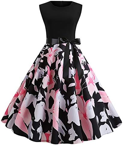 Quellfluss Women's Sleeveless Vintage Swing Casual Party Dress Floral Maxi Cocktail Evening Dress with Belt