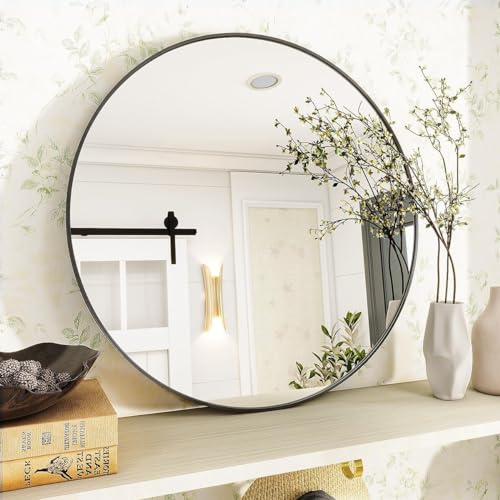 ORCHID M®Black Round Mirror for Wall 60CM,Modern Metal Frame Circle Bathroom Mirror for Wall，Tempered Glass-Shatterproof for Wall Mirror for Entryway, Bathroom, Vanity, Living Room (Black 24 inch)