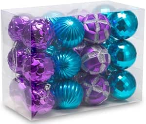 Amazon Com Auxo Fun 2 36 60mm Shatterproof Christmas Ball Ornaments Tree Decoration Baubles Set Of 24 Counts Purple Blue Home Kitchen