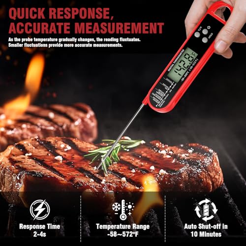 RUN HELIX Fleischthermometer Digital Rot，Bratenthermometer，Thermometer kochen，Langer Sonde und LCD Bildschirm, Ausschaltung für Steak, Essen, BBQ, Backen，Wasserthermometer und Kerntemperaturmesser thumbnail 2