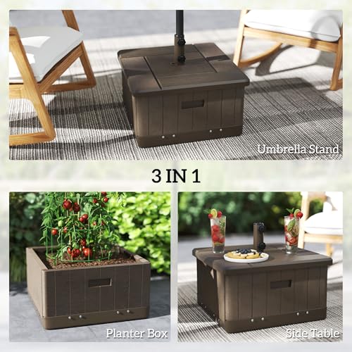 Outsunny 3-in-1 Outdoor Umbrella Base, Coffee End Table, Flower Box Planter with Drain Hole, Square Plastic 176lb Sand Fillable Patio Umbrella Stand Table w/Wheels, Handles, Brown