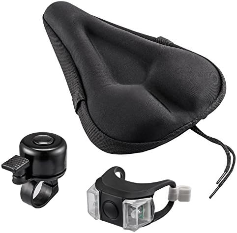 Bike Seat Cushion Extra Soft Gel Bike Seat Cushion, Water & Dust Resistant Cover, Bike Bell and Bike Taillight - Black SEALODY