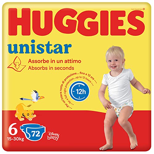 Huggies Unistar Diapers, Size 6 (15-30 kg), Pack of 72 Nappies