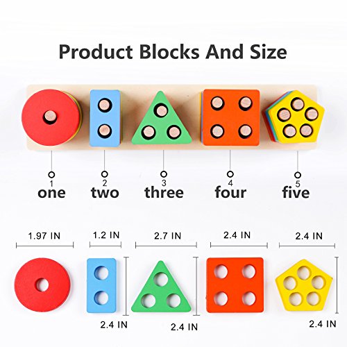 kizh Wooden Educational Preschool Toddler Toys Shape Color Recognition Geometric Board Blocks Stack Sort Chunky Puzzles 25 pcs for 1-5 Year Old Boys Girls Kids Baby Toddlers Children Non-Toxic Toy - Thumbnail 2
