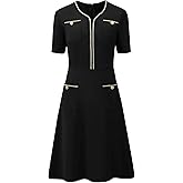 Hobemty Women's Tweed A-Line Dress V Neck Short Sleeve Dress with Pockets