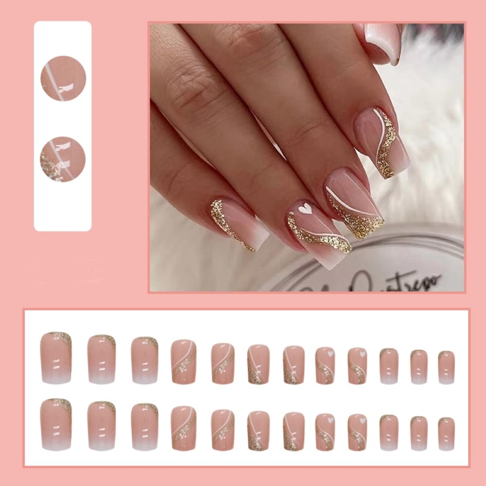 24 Pcs Nude Pink Press on Nails Medium Square - YEFIUO Glitter Fake Nails with Gold Swirl Designs Glue on Nails for Women Full Cover Glitter Sequins Acrylic Artificial False Glue on Nail for Festival - Image 2