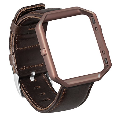 ESeekGo For Fitbit Blaze Bands, Genuine Leather Watch Band with Metal Frame for Fitbit Blaze Smart Watch Accessory Replacement Wristband (No Tracker,Coffee Band + Coffee Frame)