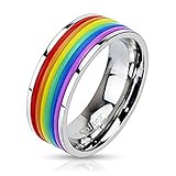 STR-0041 Stainless Steel Rainbow Rubber Striped Gay Lesbian Band Ring; Comes With Free Gift Box