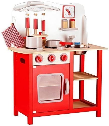 Rexco Wooden Red Kitchen Cooking Role Play Pretend Toy Cooker Oven Utensils Pan Set W10C133