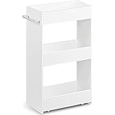 MARTY Wood Rolling Storage Cart 7.9" W, 3 Tier White Slim Utility Kitchen Cart on Wheels Laundry Room Bathroom Organizers Narrow Shelves with Handle Mobile Shelving Unit for Small Places