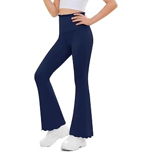 Haloumoning Girls Flare Leggings Kids Ruffle High Waisted Yoga Pants 5-14Y | Bootcut Bell Bottom Pants, Soft Stretchy Breatha