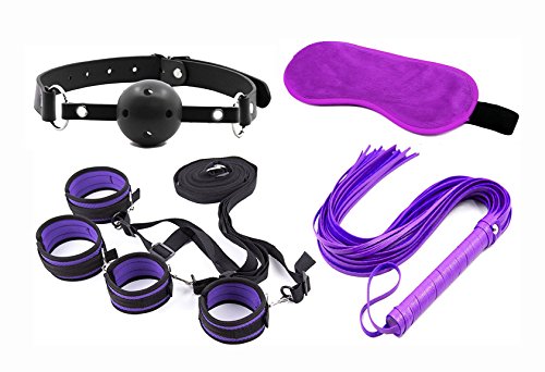 B&M's Mart Super Soft and Comfort 4-Pics Kits with Mouth Gag, Floggers, Eye mask, Handcuffs Adjustable Cuffs Rele Strap - Cosplay Accessories (Purple)