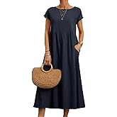 BIRW Cotton Linen Dresses for Women 2025 Summer Casual A Line Flowy Dress Beach Vacation Midi Gauze Dress with Pockets