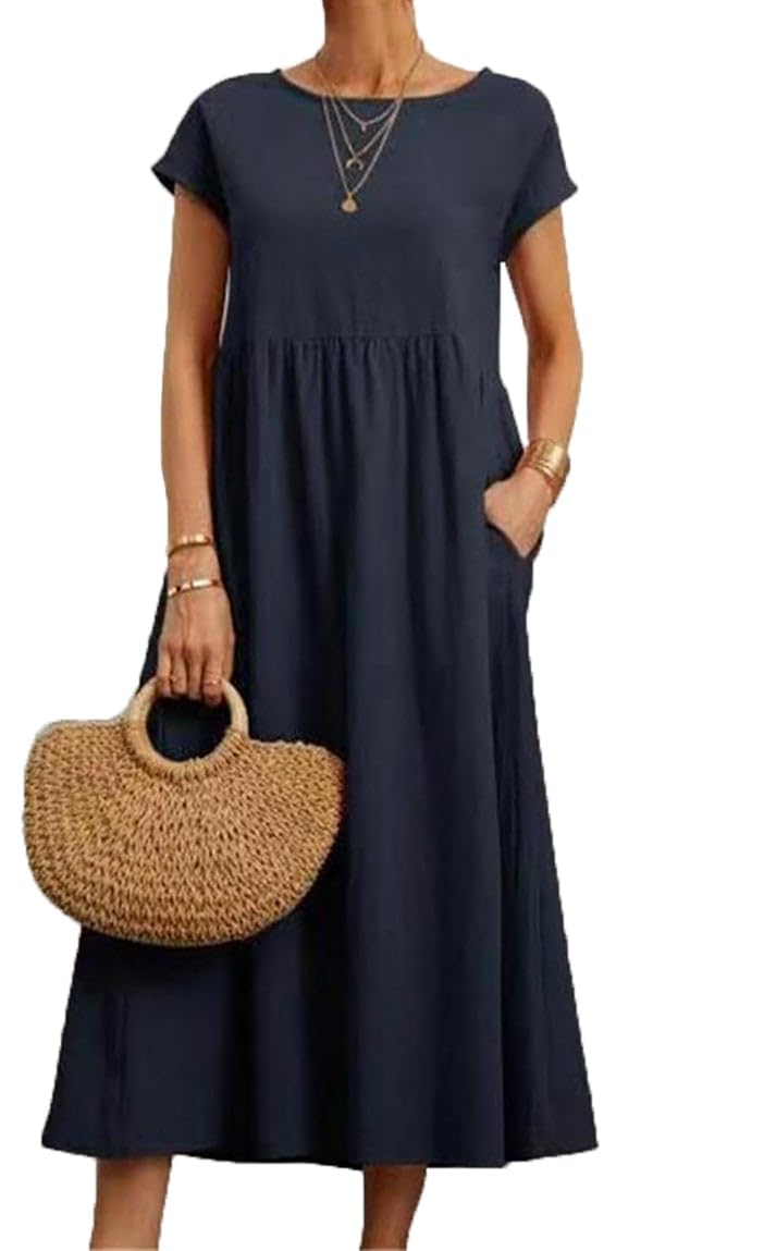 Photo 1 of BIRW Dresses for Women 2025 Summer Cotton Linen Solid Loose Casual Dress Beach Vacation Long Gauze Dress with Pockets Navy S