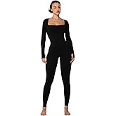 Sunzel Long Sleeve Bodysuits One Piece Jumpsuit for Women with Square Neck and Butt Scrunch Leggings Seamless Ribbed Rompers