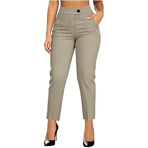 Pbawab Womens Stretchy Dress Work Pants, Business Casual Straight Leg Petite Office Trousers Pull On Slacks with Pockets