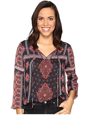 Womens Border Print Peasant Top
