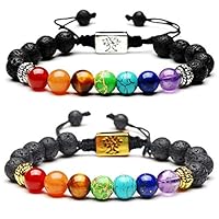 fairy maker 2Pcs Men Women Bead Bracelets, 8mm Natural Lava Rock 7 Chakra Braided Rope Bracelets