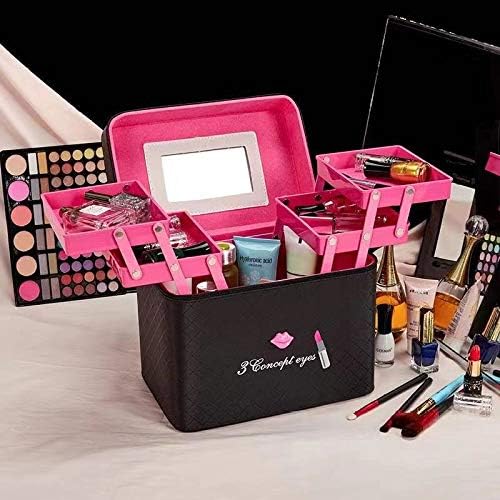 RONTENO Premium Bollywood Style Leather 2 Sided Open Cosmetic Vanity Box With Makeup Box Mirror,Black Color