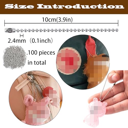 100PCS Ball Bead Chain, 4 Inch Bead Chain Beads 2.4mm Diameter with Necklace Bulk Ball Connector Clasp Extension Keychain Tag Key Rings Dog Tag Chains for Jewelry Making DIY Crafts -Silve