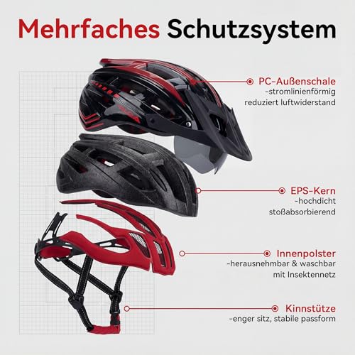 RLQA Bicycle Helmet Men Women MTB Road Bike Helmet with Removable Magnetic Visor & Glasses, Cycling Helmet with 24 Air Slits, LED Rear Light, Riding Helmet Adjustable Coarse