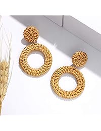 Weave Straw Double Disc Drop Earrings Boho Rattan Dangle Statement Earrings