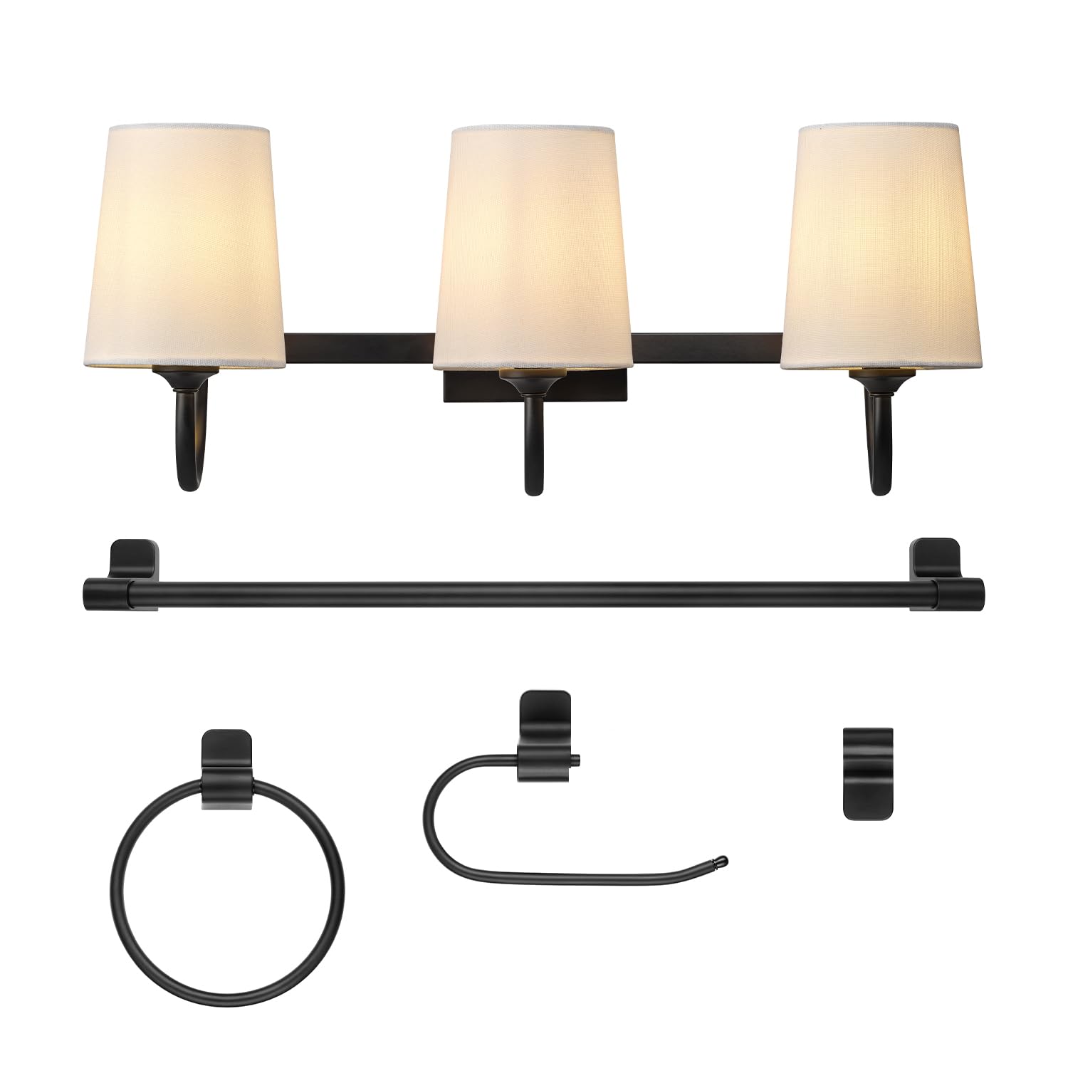 Globe Electric 63000206 5-Piece All-in-One Bathroom Set, 3-Light Vanity Light, Matte Black, Linen Shades, Towel Bar, Robe Hook, Toilet Paper Holder, Towel Ring, Bathroom Lights Over Mirror Image