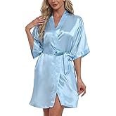Women's Short Robe Silky Satin Pure Color Bathrobe Bridesmaid Bride Party Kimono V-Neck Sleepwear with Pockets