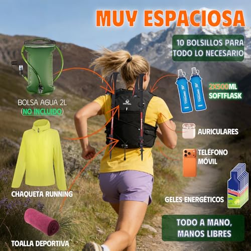 ONETOALL Men's Women's Running Vest with 2 Bottles 500 ml and Rechargeable LED Light, Hydration Trail Running Vest, Hydration Backpack Running Vest for Running, Hiking, Mountain