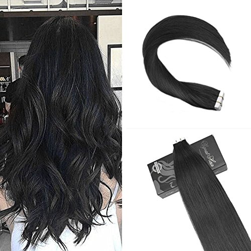 Ugeat 14inch 50Gram Tape in Remy Human Hair Extensions Jet Black #1 Tape Hair Extensions for Black Women Double Sided Tape Seamless Skin Weft Thick End