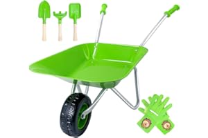 Altdorff Kids Wheelbarrow Set Metal, Child Wheel Barrel Green Easy to Assemble and Kids Gardening Tools Kit, Garden Toys with Small Wheel Barrow, Outdoor Indoor Toys Gift for Children