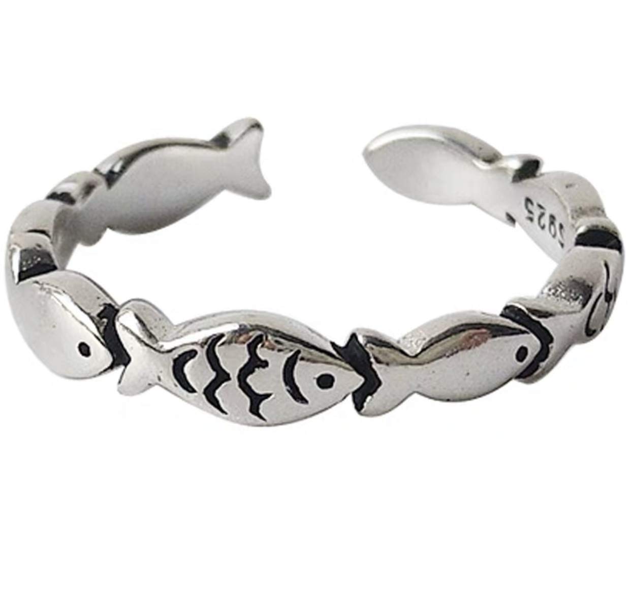 Iszie 925 Sterling Silver Retro Style Adjustable Luvcky Fish Design Open Rings For Women