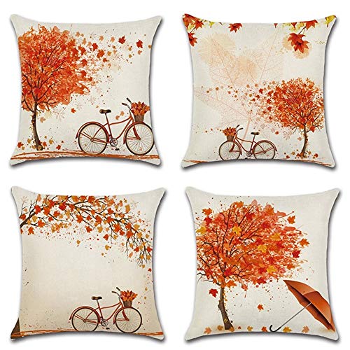 Homyall Fall Cushion Covers Square Decorative Pillow Covers Cotton Linen Maple Throw Pillow Covers Set of 4 Maple Leaf Bicycle Cushion Covers 18x18 inch, 4 Packs (Fall-Maple)