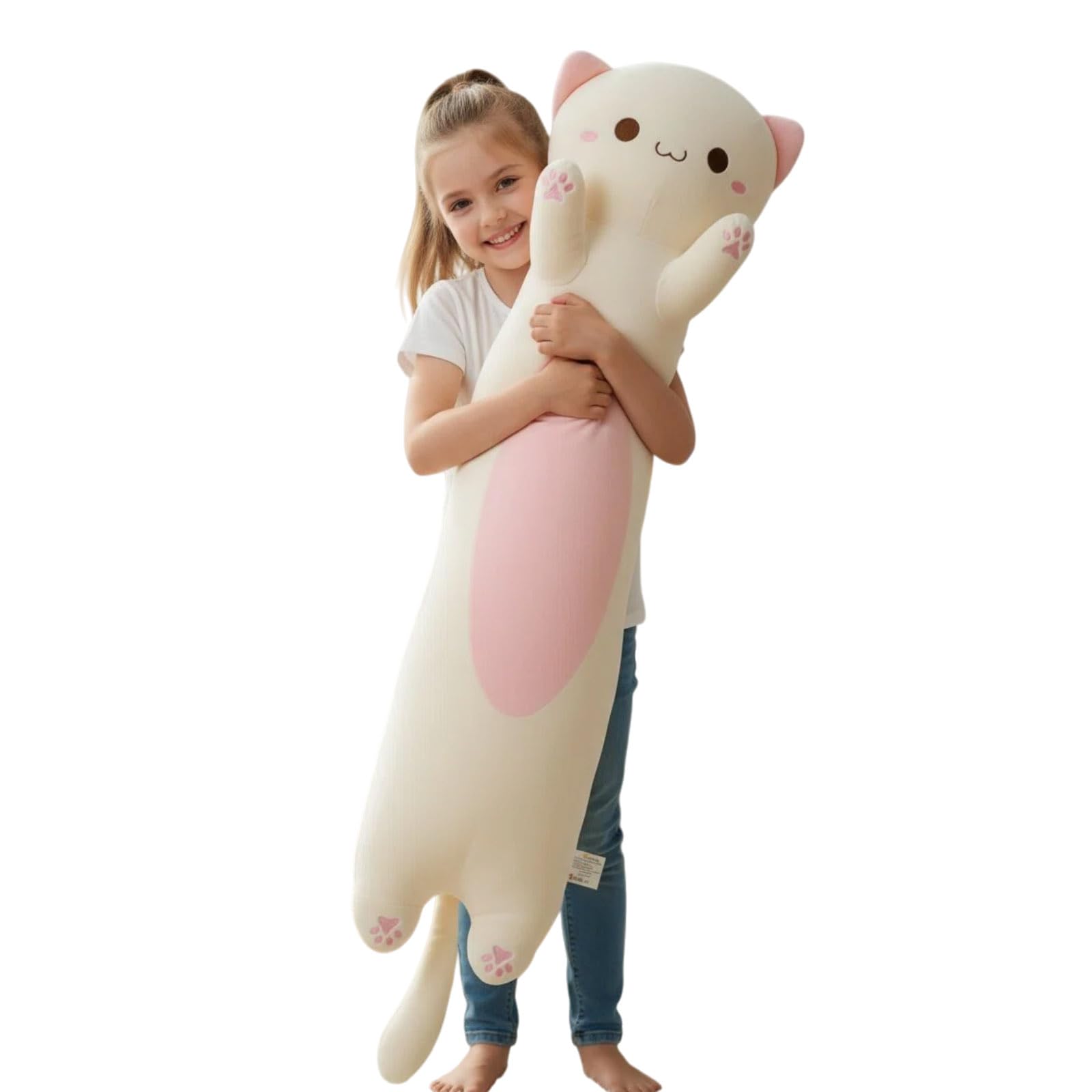 Aiuidun Long Cat Plush Pillow - 23.6 Inch Ultra Soft Stuffed Animal Body Pillow for Kids & Adults, Cute Kawaii Kitten Plushie Toy, Gift for Cat Lovers, Girlfriend, Girls Birthday (Big Eyes White)