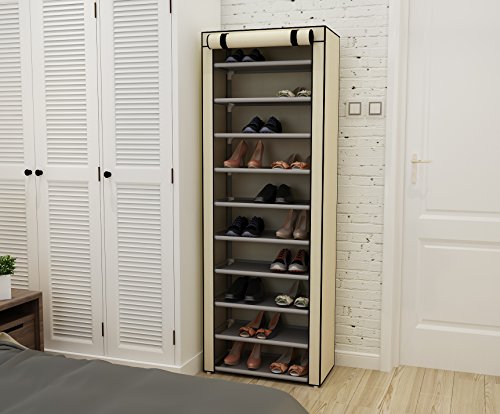 MULSH Shoe Rack shoe storage organizer 10-Tier Shoes Case Unit with Dustproof Non-woven Fabric Cover 30 pairs Shoe Tower Standing Storage Organizer in Beige,24.2”W x 12.4” D x 68.3”H - Thumbnail 3