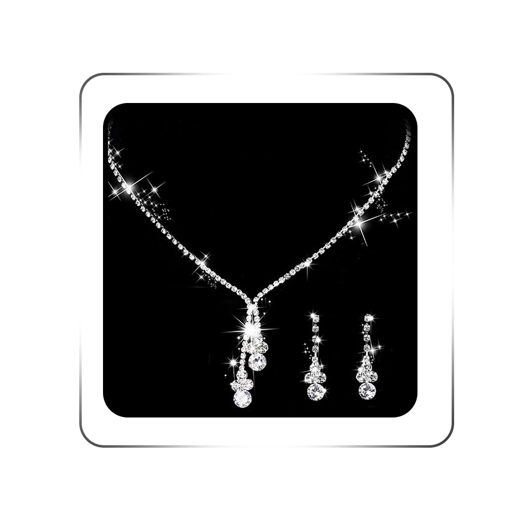 Ushiny Bridal Wedding Jewellery Set Silver Sparkly Rhinestone Necklace and Earrings Set Crystal Dangle Drop Earring Necklace Jewellery Set for Women and Girls