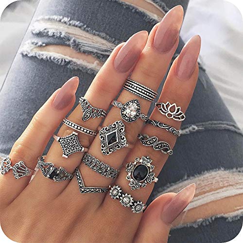 15pcs Vintage Women Mid Ring Set Flower Crown Rhinestone Joint Knuckle Nail Ring Set