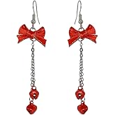 Shejuety Christmas Earrings for Women, Red Bow Bell Drop Earrings, Silver Chain Fish Hook Hanging Design, Christmas Jewelry Party Jewelry