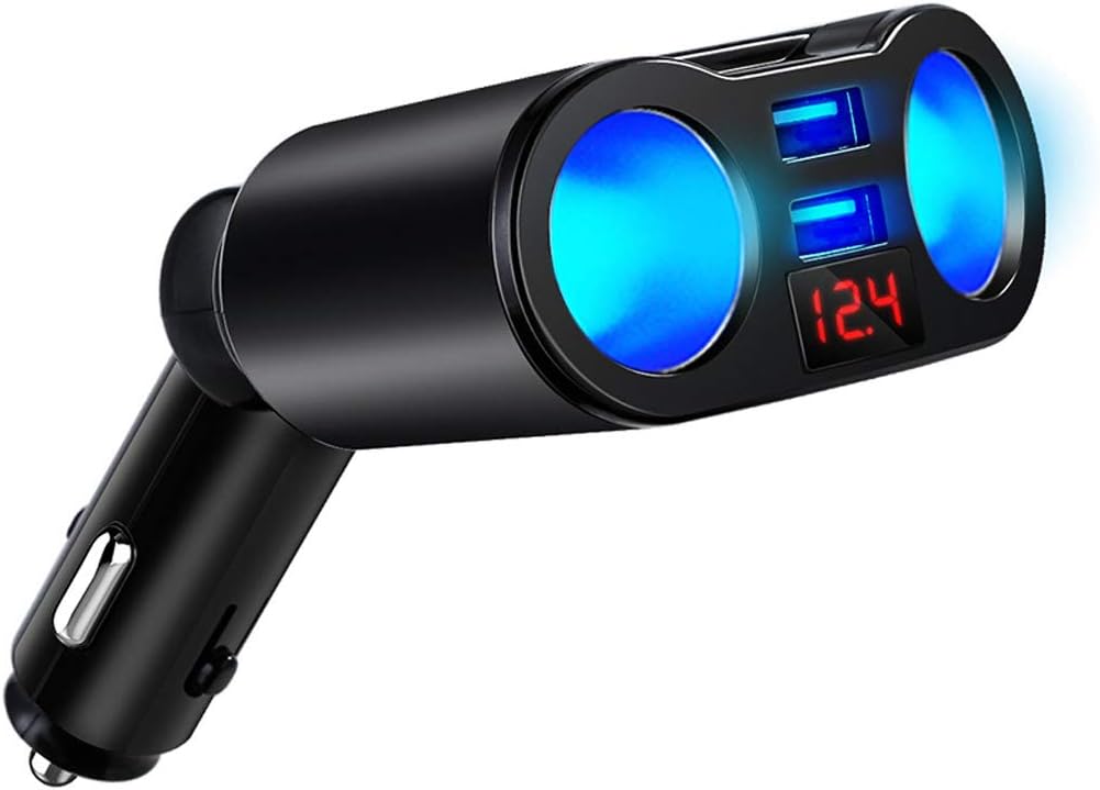 yuaierchen 3 in 1 12V Car Charger Dual USB Port Car Cigarette Lighter Socket Splitter Plug Voltage Current Monitor for Smartphone Tablet