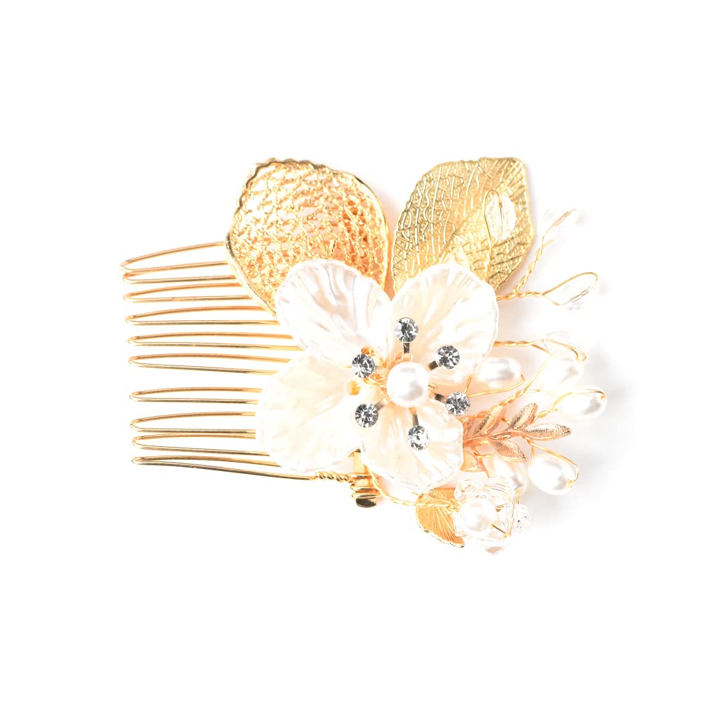 Flower Hair Comb Slides for Women Wedding Hair Clips for Bride Hair Accessories for Bridesmaid Hair Flowers for Girls Gold Leaf Hair Pins for Thick Hair Slides for Weddings Pearl Bridal Hair Pieces