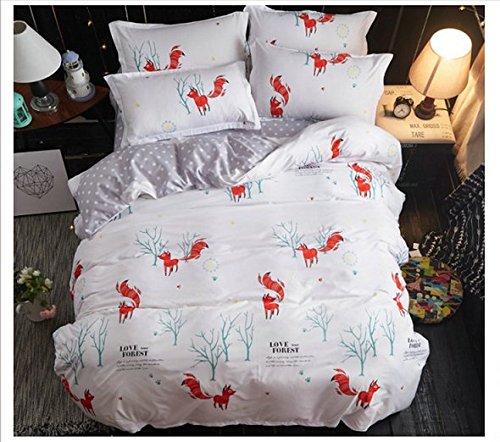 4pcs Children Beddingset Duvet Cover Set Duvet Cover No Comforter Flat Bedsheet Pillowcase Twin Full Size Red Fox Design Breathable Comfortable Beddingset (Red Fox, White, Twin, 61